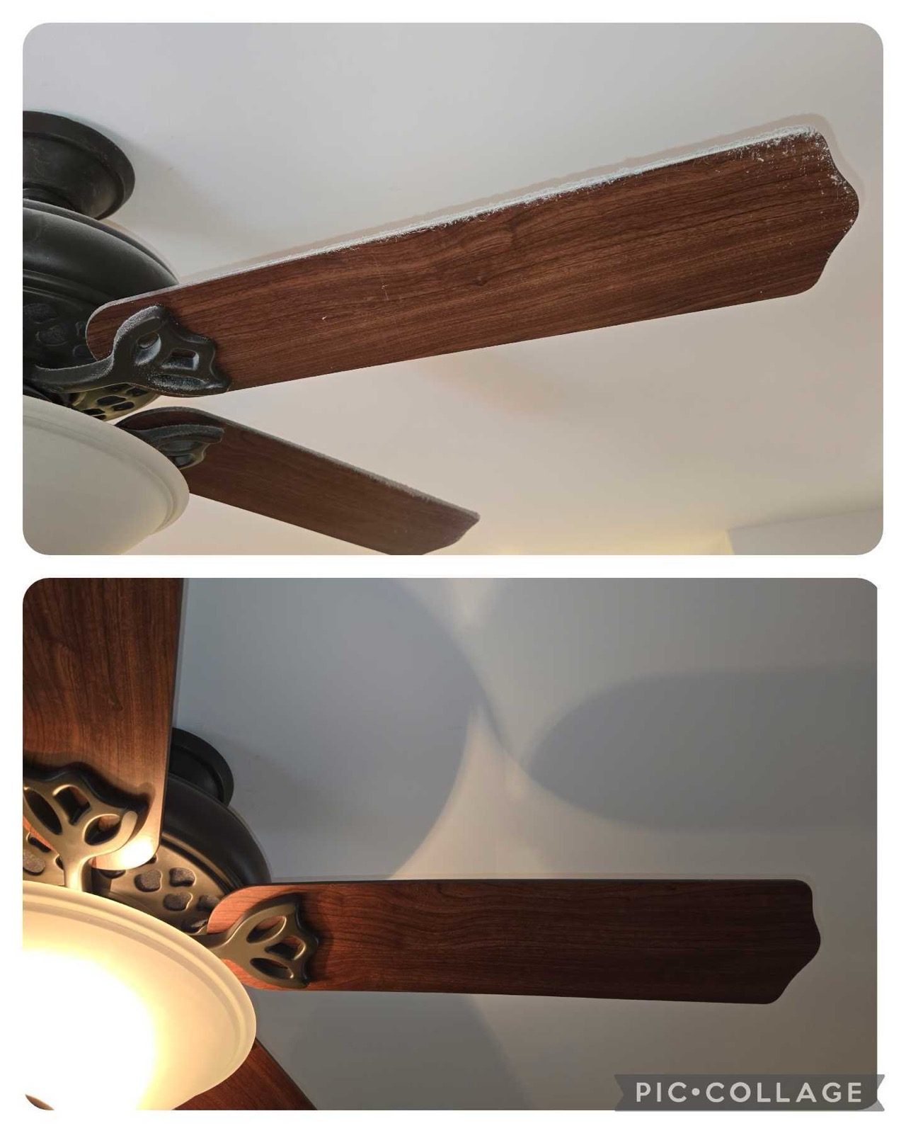 Ceiling fan blades before and after dusting