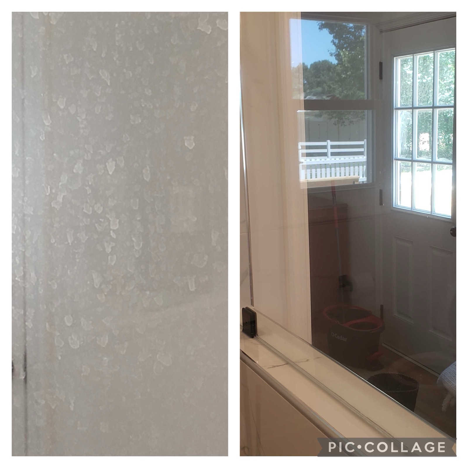 Glass shower door before and after cleaning